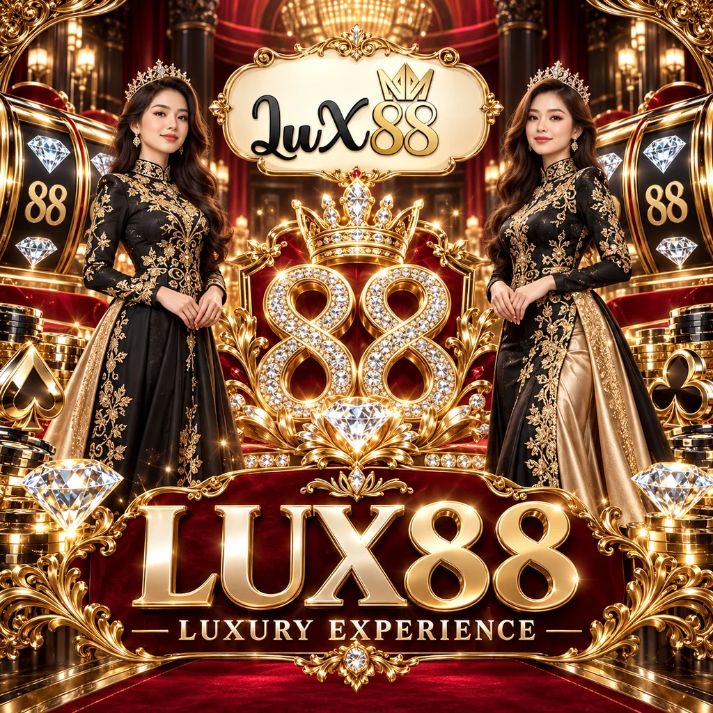 Poster Lux88 bernuansa hitam, merah, dan emas dengan dua model dewasa, mahkota, serta ornamen berlian